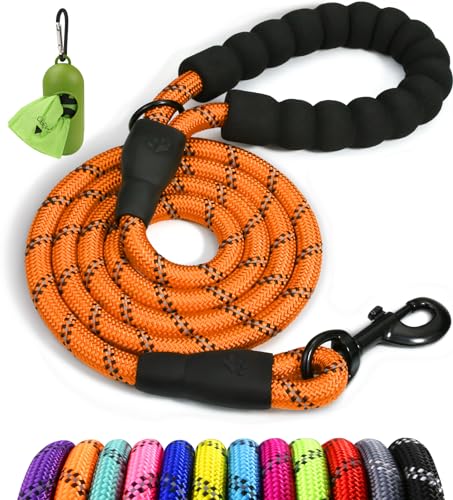 Rope Dog Leash with Comfortable Padded Handle, Highly Reflective Threads Leash for Medium Large Dogs (Orange,3/8" x 6.5 FT)