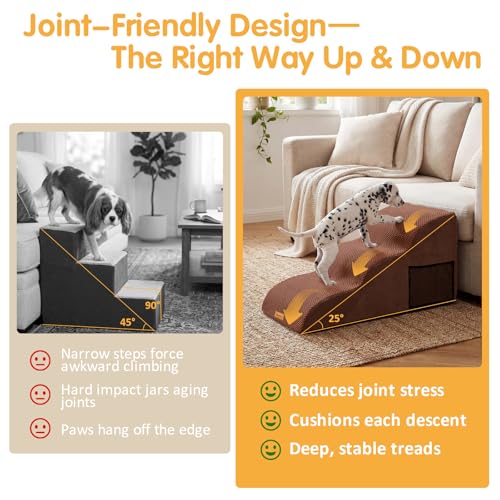 Topmart High Density Extended Foam Dog Ramp&Steps 3 Tiers,15.7" High | Non-Slip Dog Stairs with Removable Cover,Soft Foam Pet Ladder,Best for Injured,Older Cats,Pets with Joint Pain - color: Brown, size: 33.1*15.7*15.7