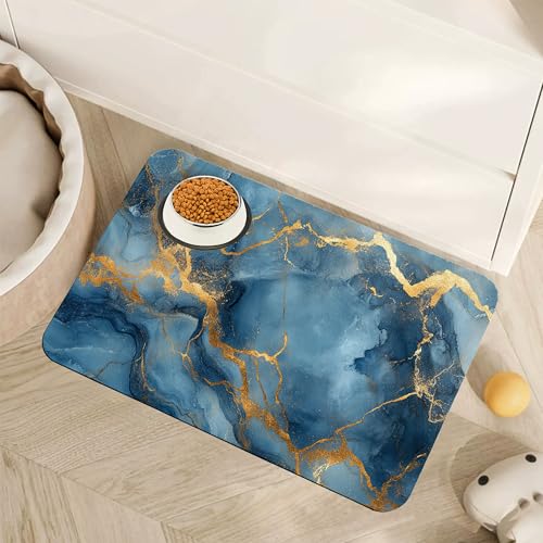 Marble Pet Feeding Mat,Blue Gold Marble Absorbent Quick-Dry Cat Dog Food and Water Bowl Mats,Non-Slip Rubber Backing Mat,Cat Dog Accessories Supplies 12"x20" - color: Blue Gold Marble, size: 20"L x 12"W