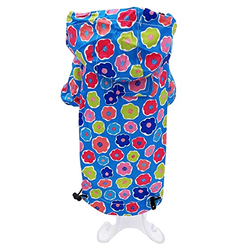 Dog Raincoat Hooded Leash Hole Waterproof Rain Coat Jacket Rainwear for Small Pet Cat Puppy (S: Length - 12", Blue Flowers) - color: Blue Flowers, size: S: Chest - 15", Length - 12"
