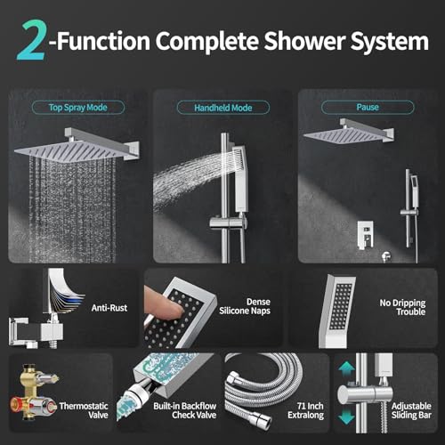 SR SUN RISE 12 Inch Slide Bar Shower System, Square Rain Shower Head and Handheld Spray, Wall Mounted Shower Faucets Sets Complete Included Valve and Shower Trim Kit, Polished Chrome - color: Polished Chrome, style: 12"