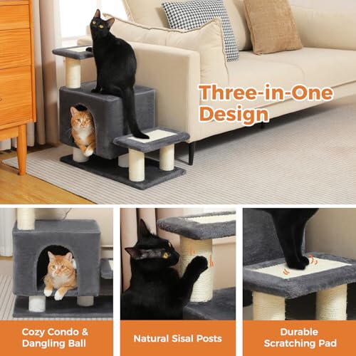 3-in-1 Dog Stairs & Cat Scratching Post with Condo, Pet Steps for High Bed, Sofa, Couch, Tall Cat Tower, High-Strength Board for Indoor Small Cats Kittens Dogs Climbing Playing, 3 Steps-Dark Grey - color: Dark Grey
