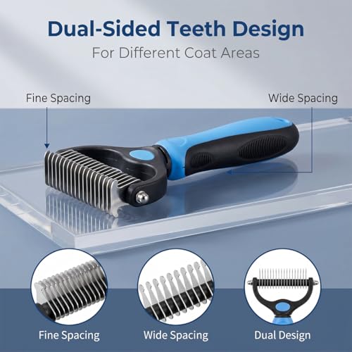 Pet Pro Grooming Tool for Dogs & Cats, 2-in-1 Blue Deshedding Brush & Wooden-Handle Steel Comb, Undercoat Rake for Long Hair Thick Coats, Painless Dematting Removes Tangles Knots & Loose Fur