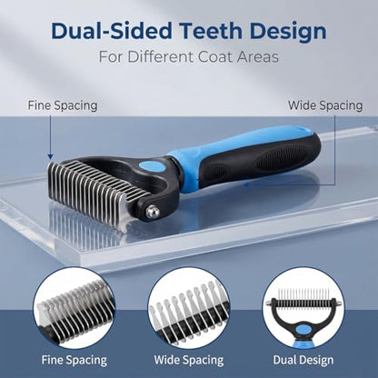Pet Pro Grooming Tool for Dogs & Cats, 2-in-1 Blue Deshedding Brush & Wooden-Handle Steel Comb, Undercoat Rake for Long Hair Thick Coats, Painless Dematting Removes Tangles Knots & Loose Fur