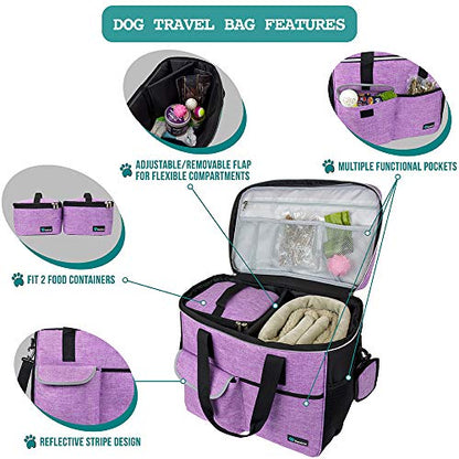 PetAmi Dog Travel Bag Organizer, Pet Travel Kit with 2 Food Containers & 2 Collapsible Dog Bowls, Pet Supplies Tote with Luggage Sleeve, Weekend Road Trip Camping Essentials, Purple, Large - color: Purple, size: Large - 15.5"L x 9.5"W x 14.0"H