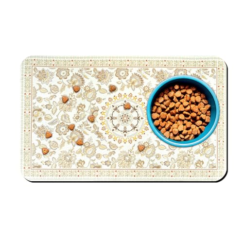 Dog Food Mats for Floors Vintage Boho Floral Waterproof Mat for Cat Food and Water Bowls - Beige Absorbent Quick Dry Non Slip Mat for Pet Feeding - color: Boho Flowers, size: 24"L x 16"W