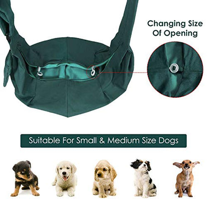 SlowTon Dog Carrier Sling - Thick Padded Shoulder Strap Adjustable Dog Carriers for Small Dogs, Puppy Carrier Purse for Pet Cat with Front Zipper Pocket Safety Belt Machine Washable (Green M) - color: J-Green Cotton Fabric