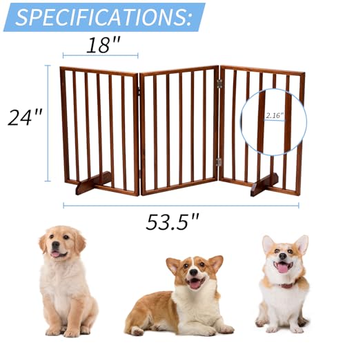 3-Panel Dog Gate for Stairs, Pet Gate Indoor, 24" Height Dog Fence with 2 Support Feet, Foldable & Well-Ventilated, No Assembly Required, Wood Stair Gates for Small to Medium-Sized Pet Breeds, Brown - size: 3-panel