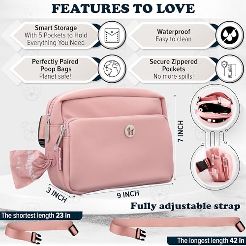 Puppington 3-in-1 Crossbody Dog Walking Bag & Treat Pouch with Matching Planet Safe Poop Bags & Built-In Dispenser - Zippered Pockets (Blush Pink) - color: Blush Pink