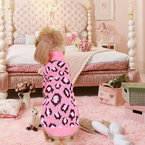 Leopard Knit Sweaters for Small Dogs, Pink Turtleneck Pullover for Pet, Puppies Cats Winter Sweater for Valentines Day Holiday - size: Large