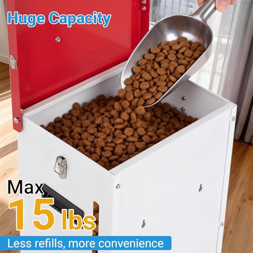 2-Pack Metal Automatic Dog Feeder - 15LBS Food Capacity Automatic Gravity Dispenser, Powder Coated & Waterproof for Indoor & Outdoor Use, 10.2" L x 8.3" W x 19" H, Red and White - size: 15 Pounds - 2 PCS