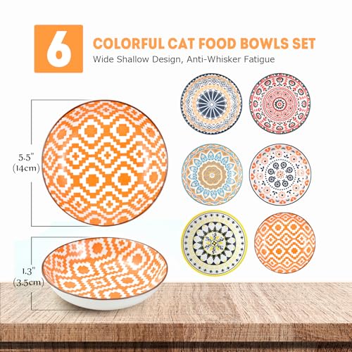 YEAHGO Cat Bowls Ceramic Cat Food Bowl for Indoor Cats and Kittens, 5.5" Anti Whisker Fatigue Cats Dishes, Shallow Wide Plates Cute Pet Feeding Bowls for Food and Water,6 Pack - size: Boho–6 Pack