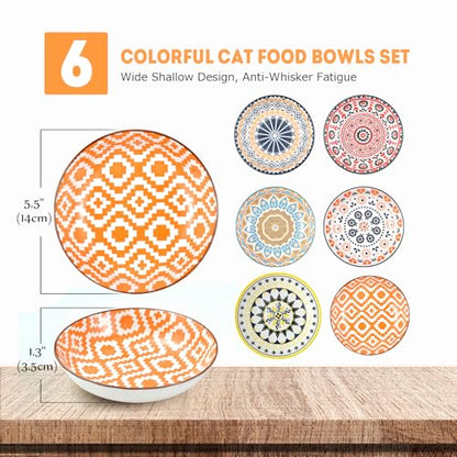 YEAHGO Cat Bowls Ceramic Cat Food Bowl for Indoor Cats and Kittens, 5.5" Anti Whisker Fatigue Cats Dishes, Shallow Wide Plates Cute Pet Feeding Bowls for Food and Water,6 Pack - size: Boho–6 Pack