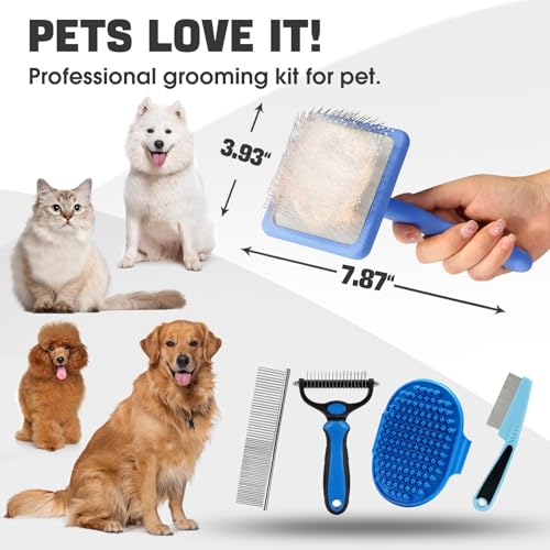 Bonteck Dog Slicker Brush for Dogs Grooming Kit 5PCS | Large Dog Brush for Goldendoodles Poodles Doodles | Long Pin Haired Brush | Poodle Brushes and Comb (Blue) - color: Blue
