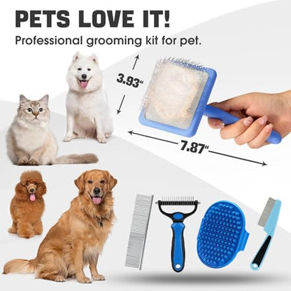 Bonteck Dog Slicker Brush for Dogs Grooming Kit 5PCS | Large Dog Brush for Goldendoodles Poodles Doodles | Long Pin Haired Brush | Poodle Brushes and Comb (Blue) - color: Blue