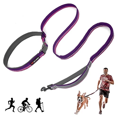 Tuff Pupper Hands Free Bungee Dog Leash | Lightweight for Running Jogging Walking | Adjustable Padded Waist Belt (24-50 inch) | Bungee Stretch 3 to 6 Feet | Strong Ballistic Nylon w/Reflective Strips - color: Punch Purple