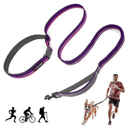 Tuff Pupper Hands Free Bungee Dog Leash | Lightweight for Running Jogging Walking | Adjustable Padded Waist Belt (24-50 inch) | Bungee Stretch 3 to 6 Feet | Strong Ballistic Nylon w/Reflective Strips - color: Punch Purple