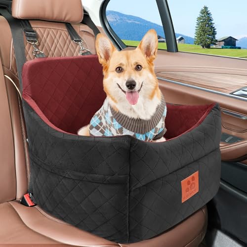 GL GLENSLAVE Dog Car Seat for Small/Medium Dogs, Dog Booster Car Seats with Thick Cushion for Dogs Under 35lbs, Detachable Washable Pet Carseat with Storage Pockets, 2 Safety Belts(Black/Red) - color: Black/Red