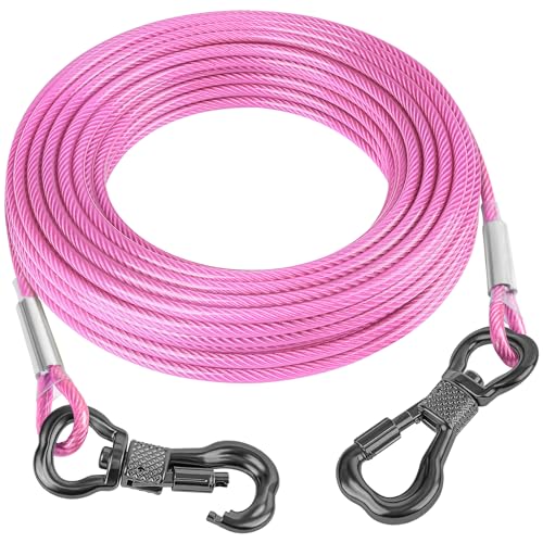 Tresbro 15FT Reflective Tie Out Cable for Dogs Up to 250 Pounds, Steel Wire Lead Leash Cable with Stainless Dual Fix Buckle, Lightweight and Enduring, Dog Chains for Outside, Yard, Camping, Pink - color: Pink, size: 250lbs 15FT 0.2IN