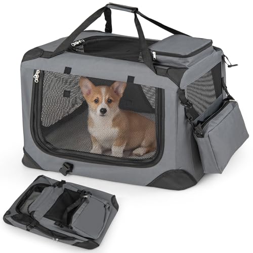 Giantex Folding Soft Dog Crate, 24 Inch Foldable Portable Dog Kennel for Small Dogs Puppy Cats, Collapsible Soft-Sided Pet Travel Crate with 5-Sided Mesh, 3 Doors, Washable Mat & Storage Pockets - size: 24.0"L x 17.0"W x 17.0"H
