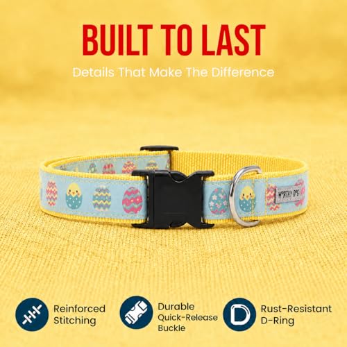 THE WORTHY DOG Spring Holiday Easter Eggs Dog Collar – Durable Nylon, Woven Ribbon, Quick-Release Buckle, Nickel D-Ring – Blue, Medium - color: Easter Eggs - Blue, size: Medium