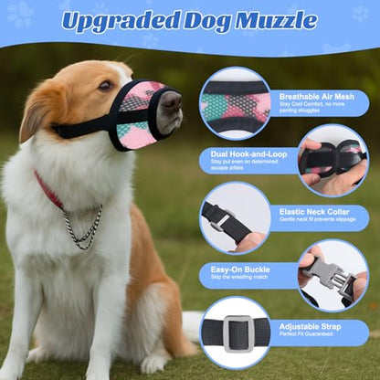 Dog Muzzle with Escape-Proof Elastic Neck Collar, Soft Breathable Air Mesh Mouth Cover Stops Biting Barking Chewing Allows Drinking Panting, Adjustable Muzzle for Small Medium Large Dogs - color: Black/Pink, size: L