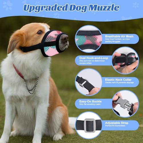 Dog Muzzle with Escape-Proof Elastic Neck Collar, Soft Breathable Air Mesh Mouth Cover Stops Biting Barking Chewing Allows Drinking Panting, Adjustable Muzzle for Small Medium Large Dogs - color: Black/Pink, size: XL