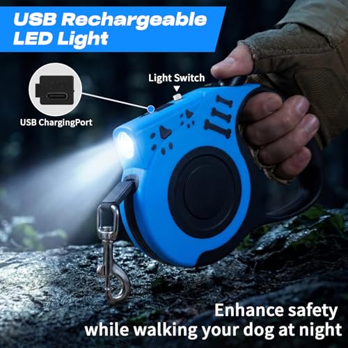 Retractable Dog Leash with USB Rechargeable Flashlight for Night Walks, 16FT Automatic Telescopic Tractor Dog Leash for Small and Medium Dogs, Blue - color: Blue