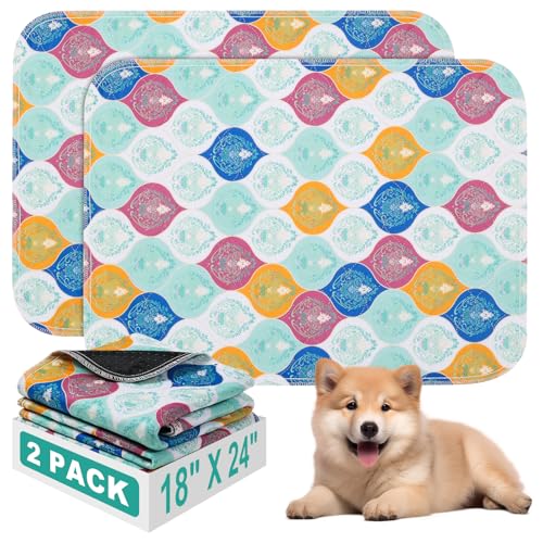 Washable Pee Pads for Dogs, Stylish Absorbent Reusable Training Dog Pads, Non-Slip and Leak-Proof Puppy Pads, Potty Pads for Crates, Whelping, Playpen, Bed and Floors, Bohemian Pattern 2 Pack 18" x24" - color: Colorful, size: 18" x 24" 2PACK