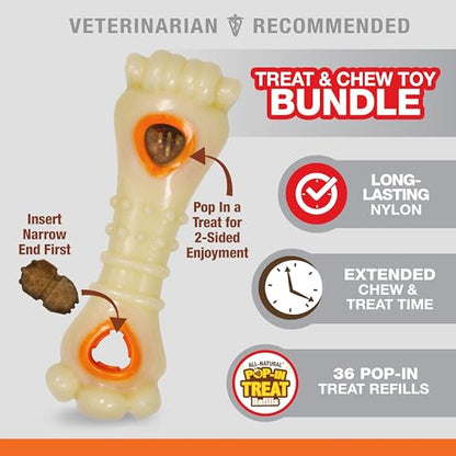 Nylabone Knuckle Bone Pop-in Treat Toy Power Chew Toy with 30 Refills, Interactive Treat Dispensing Enrichment Toys for Dogs, Long Lasting Chicken Flavor, Large Dogs - Up to 50 lbs, 2 Pack - size: Large