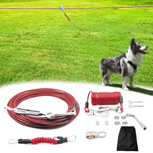 150FT Dog Run for Yard Heavy Duty with 10FT Tie Out Cable for Dogs, Outdoor Leash Trolley System for Large Dog to 300Lbs, Red - color: Red, size: 150FT