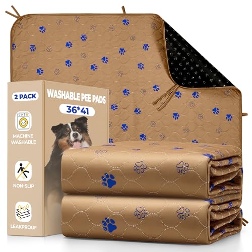 Fostanfly Washable Dog Pee Pads, 2-Pack 36"x41" Large Reusable Potty Training Pads, Ultra-Absorbent, Leak-Proof & Non-Slip, with 8 Lanyards for Playpen, Crates & Furniture, Brown - color: Brown, size: 36*41 Inch (Pack of 2)