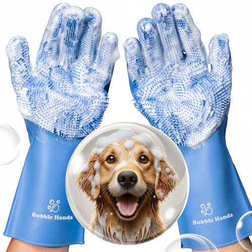 Dog Washing Gloves with Bristle Scrubbers, Reusable Silicone Gloves Ideal for Pet Bathing, Massaging & Grooming (Blue) - color: Blue