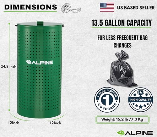 Alpine Dog Waste Station Outdoor - 13.5 Gallon Commercial Green Steel Pet Poop Trash Can for Dog Parks, HOA, Public Areas & Trails