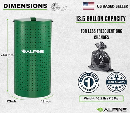 Alpine Dog Waste Station Outdoor - 13.5 Gallon Commercial Green Steel Pet Poop Trash Can for Dog Parks, HOA, Public Areas & Trails