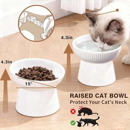 Elevated Cat Food Bowl, Ceramic Raised and Tilted Water Bowl, Whisker Fatigue Cat Bowls for Indoor Cats, Anti Vomiting and Protect Spines Pet Feeding Dishes for Kittens Small Dog, Heavy Non-Slip Base - color: White