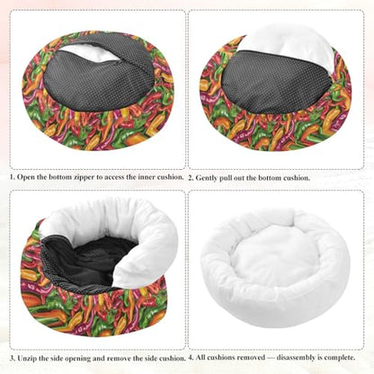 Pet Bed Chilli Pepper Vibrant Cute Cat Snuggler Soft Winter Cushion, Cozy Round Bolster Nest for Indoor Kittens & Small Pets 15" - size: X-Small