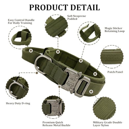 Tactical Dog Collar with Handle - Military Adjustable Dog Training Collar Soft Nylon and Heavy Duty Metal Buckle for Medium Large Dogs - with Patch (Green, Large) - color: Green, size: Large