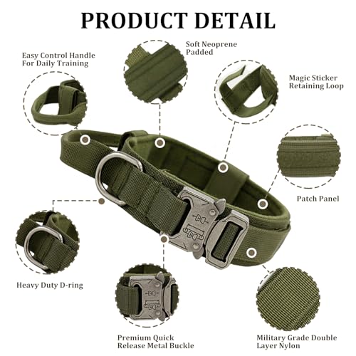 Tactical Dog Collar with Handle - Military Adjustable Dog Training Collar Soft Nylon and Heavy Duty Metal Buckle for Medium Large Dogs - with Patch (Green, X-Large) - color: Green, size: X-Large