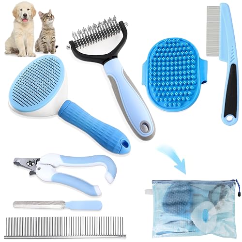 Dog Brush Dog Grooming Kit 7PCS Dog Brush for Shedding-Dog Brushes for Grooming, Dematting Comb, Nail Clipper with Nail File, Flea Comb, Pet Comb, Bath Brush(Blue)