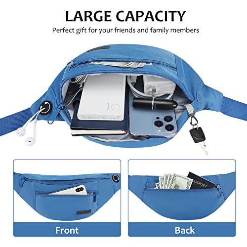 MAXTOP Large Crossbody Fanny Pack with 4-Zipper Pockets,Gifts for Enjoy Sports Festival Workout Traveling Running Casual Hands-Free Wallets Waist Pack Phone Bag Carrying All Phones - color: Blue(Washed Nylon with Blue Zipper), style: Large Fanny Pack(4 Zi