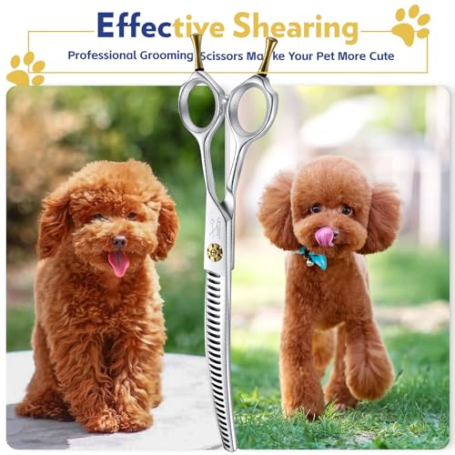 JASON 7" Dog Grooming Shears - Professional Down-curved Chunker Shears with 60%-65% Thinning Rate, Japanese 440C Stainless Steel Dog Grooming Chunkers with Adjustable Screw (28 Teeth, Silver) Gift - style: Down-curved Chunker
