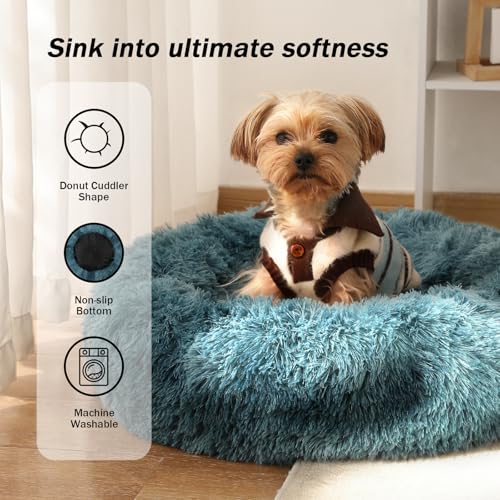 NOYAL Calming Donut Dog Bed for Small to Medium Dogs & Cats - Plush Faux Fur Anti-Anxiety Pet Bed with Machine Washable Cover & Non-Slip Base - color: Gradient Blue, size: Small 19.6''
