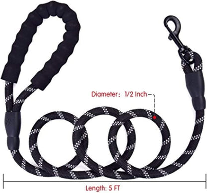 Strong Nylon Dog Leash Rope with Comfortable Padded Handle Training Lead for Medium and Large Breeds Dogs - Heavy Duty 5ft Long - color: Black