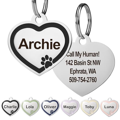 GoTags Stainless Steel Pet ID Heart Bone and Round Shaped Tags with Enamel Paw Design, Personalized Dog and Cat Tags, up to 5 Lines of Custom Text, Engraved on Both Sides (Charcoal, Regular Heart) - color: Charcoal, size: Regular Heart (Pack of 1)