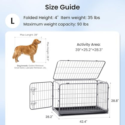 ZOMISIA Collapsible Dog Crate with Lockable Wheels - 42 inch Escape Proof Dog Kennel for Medium Dogs with Double Door, Easy Assembly Foldable Cage with Removable Tray, Indoor Outdoor Use,Silver Gray - size: 42.4"L x 28.2"W x 28.8"H