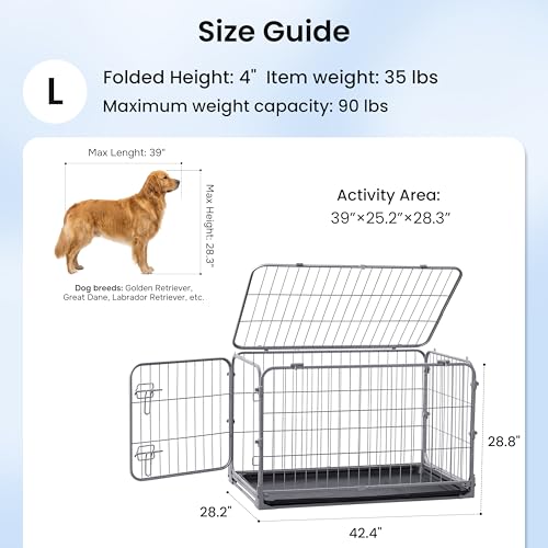 ZOMISIA Collapsible Dog Crate with Lockable Wheels - 42 inch Escape Proof Dog Kennel for Medium Dogs with Double Door, Easy Assembly Foldable Cage with Removable Tray, Indoor Outdoor Use,Silver Gray - size: 42.4"L x 28.2"W x 28.8"H