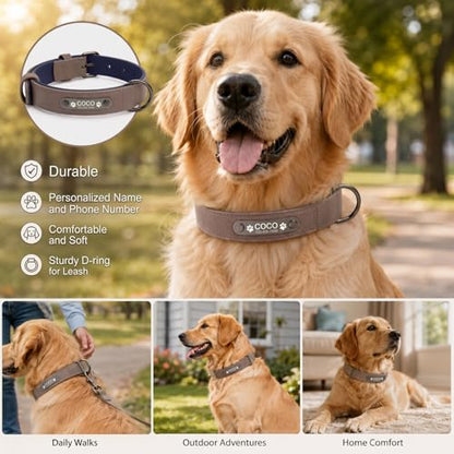 Personalized Anti-Lost Leather Dog Collar with Engraved Nameplate | Heavy duty metal buckle and clear laser marked ID. Features a smooth leather lining to protect fur during daily walks. - size: M: Adjustable Neck 10.63-13.78", Width 0.79"