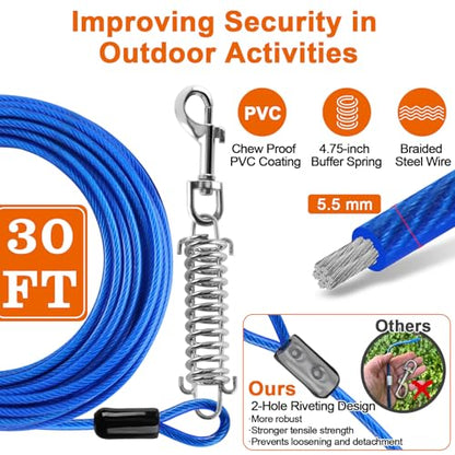 LANNEY Dog Tie Out Cable and Stake, 30ft Leash Chain Lead with Swivel Hook and Shock Spring for Yard Outside Camping, 16 inch Heavy Duty Spiral Ground Stake for Medium Large Dogs Up to 125 Lbs