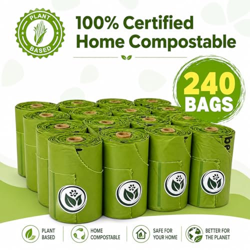 100% Compostable Handle-Tie Doggy Poop Bags (240 Bags) 16 Refill Rolls Plant-Based Cornstarch ASTM D6400 & EN 13432 Compliant HOME Certiified Compostabel Pet Dog Waste Bags (240 ct.)